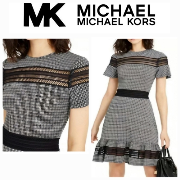 Michael Kors Houndstooth Short Sleeve Mesh Panel See Thru Midi Dress Medium - Picture 3 of 10